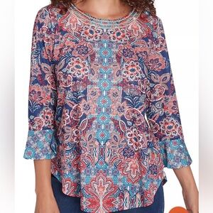 Ruby Rd. Women’s Embellished Scoop Neck 3/4 flounce sleeve top Size  Small NEW